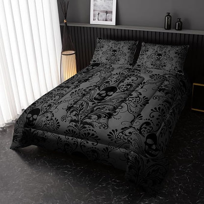 Adults Black Gothic Comforter Set King Size,Vintage Damask Floral Bedding Set 3Pcs,Bohemia Bedding Set Goth Skull Printed Quilted Set for Teens Adult with 1 Comforter and 2 Pillowcase