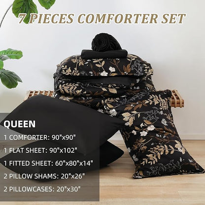 WONGS BEDDING Black and Gold Comforter Set Queen Size,7 Pieces Floral Bed in a Bag Botanical Microfiber Bedding Comforter Sets Soft Lightweight Bed Set with Sheet,Pillowcases&Shams