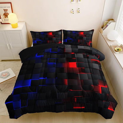 Neon Red and Blue Comforter Set Queen Geometric Kids Bedding Set,3 PCS Geometry Honeycomb Bed Set Modern Quilt Set 1 Comforter 2 Pillow Cases Cool Room Decor All Season B-Side Black