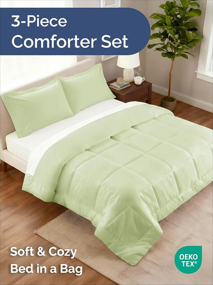 Queen Comforter Set - 3 Piece Bed Set for All Seasons - 1 Soft Quilted Comforter w/ Corner Tabs & 2 Pillow Shams - Comfy, Cozy & Breathable - Premium Down Duvet Insert - Queen Size, Light Sage Green
