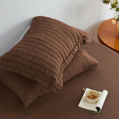 Love's cabin Seersucker Brown Queen Comforter Set, 7-Piece All Season Lightweight Bed in a Bag Bedding Set with Comforter, Flat Sheet, Fitted Sheet, Pillowcases and Shams | Soft, Breathable, Lightweight