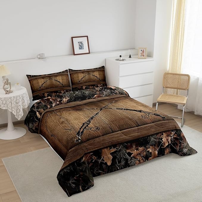 Erosebridal Camouflage Fishing Bedding Set Toddler Fishing Line Rod Comforter Set Rustic Farmhouse Tree Branch Camo Quilt Bedding for Kids Adults Cabin Lodge Bed Comforter Set Soft Lightweight 2 Pcs