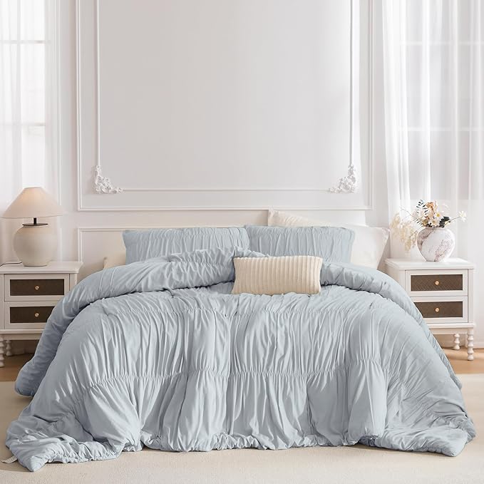 Lady Ann Oversized King Comforter Set Light Blue Ruched Bedding Comforter Sets128x120 for Bedroom, Ultra Soft Ruffle Fluffy Shabby and Chic Bed Sets for All Season, 3PCS