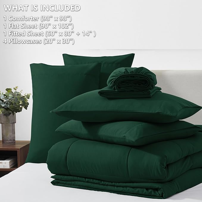 CozyLux Oversized Queen Comforter Sets Emerald Green, 7 Pieces Bed in a Bag, Ultra-Soft All Season Bedding Sets with Stitch Quilted Comforter, Flat Sheet, Fitted Sheet, Pillowcases, Emerald Green