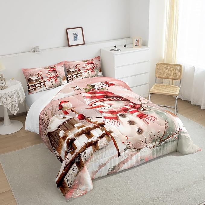 Pink Snowman Comforter Set Queen Size,Cute Bird and Snowflake Cabin Bedding Set 3Pcs for Kids Girls Boys Teens Room Decor,Merry Christmas Quilt Set Romantic Winter Duvet Insert,2 Pillowcases