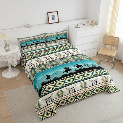 Erosebridal Horse Decor Western Comforter Set Full,Farm Animals Quilt Indian Tribal Geometric Aztec Bedding Sets,Exotic Dream Catcher Feather Duvet Insert Farmhouse Western Decor,Green