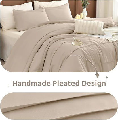 Sanracie Cotton Queen Comforter Set(90"x 95"),Pinch Pleated Linen Colored Breathable Comforter Sets 3Pcs Extra Soft Lightweight Neutral Bedding Set for All Season