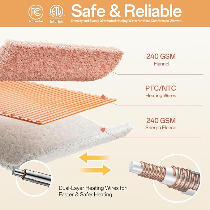 Electric Blanket Heated Twin Size-62" x 84" Heated Blanket with 8 Heat Levels & 10 Hours Auto Off, Fast Heating Flannel Blankets Machine Washable with ETL & FCC Certified, Pink