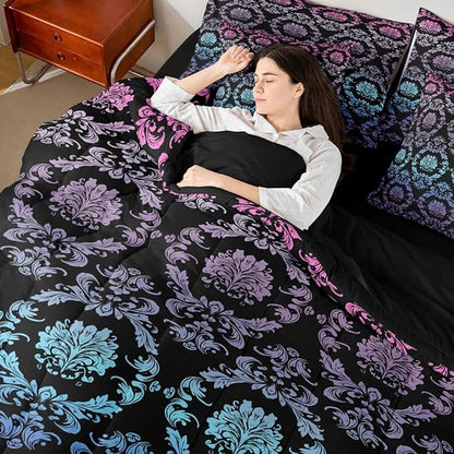 Erosebridal Gradient Rainbow Damask Comforter Set 7-Piece Bed in a Bag Twin | Antique Decor Gothic Vintage Floral Bedding Sets Goth Victorian Comforter and Sheet Set, Luxury Bohemian Room Decor