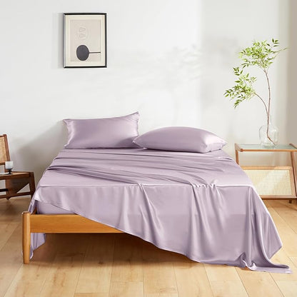 THXSILK Silk Sheet Set 4 Pcs, Full Size Sheet Set, Soft Breathable Cooling Bed Sheets with 1 Flat Sheet, 1 Fitted Sheet, 2 Pillowcases with Zipper Closure, Light Purple