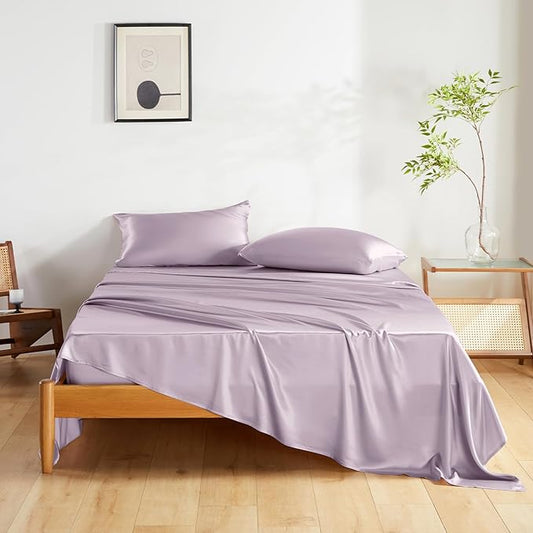 THXSILK Silk Sheet Set 4 Pcs, Full Size Sheet Set, Soft Breathable Cooling Bed Sheets with 1 Flat Sheet, 1 Fitted Sheet, 2 Pillowcases with Zipper Closure, Light Purple