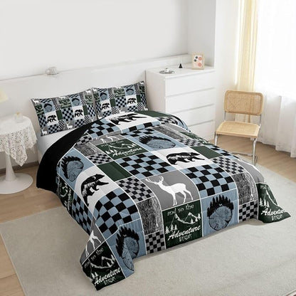 Kids Rustic Deer Comforter Set, Retro Cabin Hunting Bear Bedding Twin Size Lodge Buffalo Plaid Quilt Adventure Western Wildlife Bedding Comforter Sets Bear Gifts For Bear Lovers, Blue Gray Black