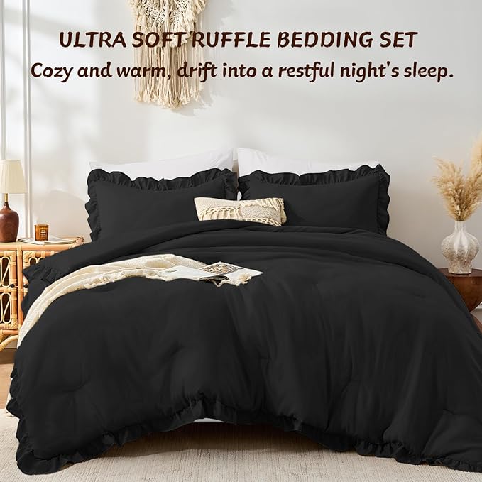 FUANNA Queen Comforter Set Black, 3 Pieces Ruffle Queen Bed Set, Fluffy Bed in a Bag Queen for All Seasons, Shabby Chic Bedding Comforter Sets with 1 Lightweight Comforter & 2 Pillowshams