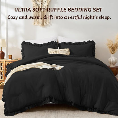 FUANNA King Size Comforter Set Black, 3 Pieces Ruffle King Bedding Set, Fluffy Farmhouse Bed in a Bag King with 1 Lightweight Comforter & 2 Pillowshams