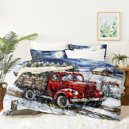 Red Truck Comforter Set Queen Size, Blue White Xtmas Trees Bedding Set for Kids Girls, Moon Snowflake Holiday Decor Comforter,3Pcs Soft Warm Bed Set with 2 Pillowcases(90 * 90)