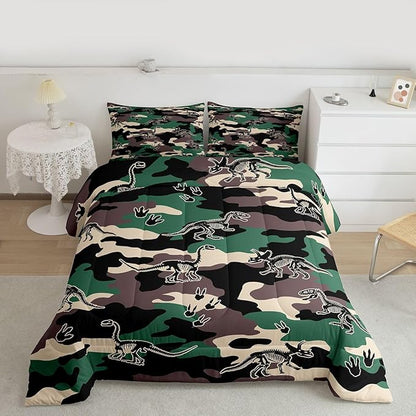 Erosebridal Army Camouflage Comforter Set Toddler Size Camo Dino Bedding Set for Kids Boys Girls 3D Vintage Hunting Theme Comforter Dinosaur Skeleton Farmhouse Green Quilt Bedroom Decor