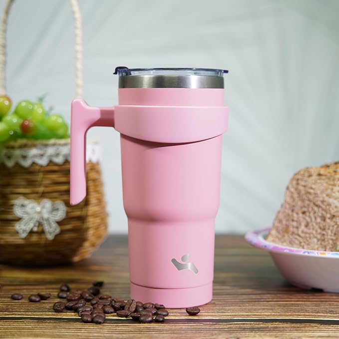 40 oz Tumbler with Handle and 2 Straw 2 Lid, Insulated Water Bottle Stainless Steel Vacuum Cup Reusable Travel Mug, Light Pink