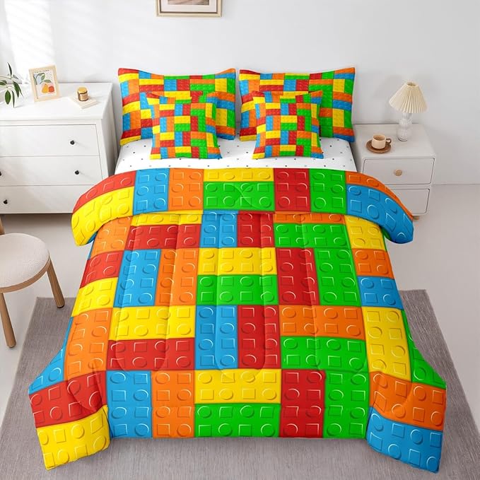 Building Block Kids Comforter Set 7 Pcs King Size, Brick Style Cartoon Gaming Bedding Quilt Set for Child Boys Room Decor Colorful Construction Fitted Flat Sheet 2 Throw Pillow Covers 2 Pillowcases