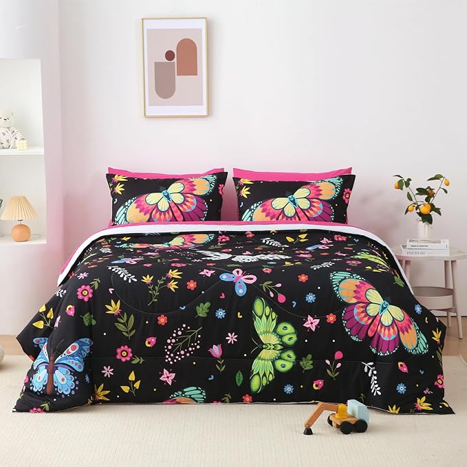 Girls Butterfly Comforter Set Queen Size Colorful Flowers Leaves Bedding Set for Kids Teens Adults Black 7 Piece Bed in A Bag Super Soft All Season