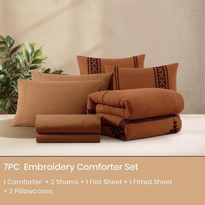 MaiRêve Embroidery Comforter Set, Boho Farmhouse Western Bedding Set, All Season Bed in A Bag Comforter Set with Sheets, Pillowcases & Shams, Burnt Orange California King 7 Pieces