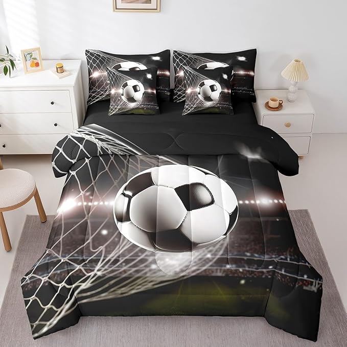 Feelyou Soccer Ball Comforter Set Full Size 7 Pcs Football Comforter Bed in a Bag Black White Sports Bedding Set for Boys Girls Teens Soccer Lover Bed Set with Sheets, Pillowcases, Pillow Covers