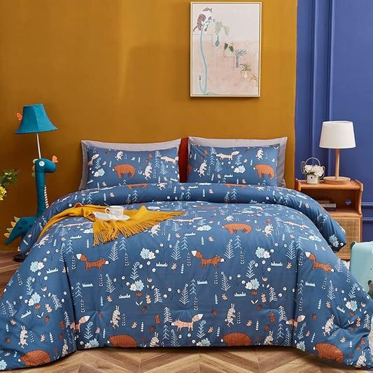 CLOTHKNOW Blue Animal Full Size Comforter Sets Kids Bedding Comforter Sets Cartoon Rustic Fox Rabbit Comforter with 2 x Pillow Cases