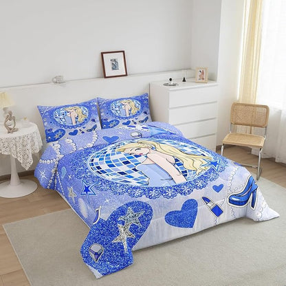 Princess Girly Kids Comforter Set Twin Size,Bowknot High-heeled Shoes Lip Dreamy Bedding Set,Girls Women Room Decor,Glitter Sequin Star Diamond Down Comforter,Blue Noble Duvet Insert,1 Pillowcase