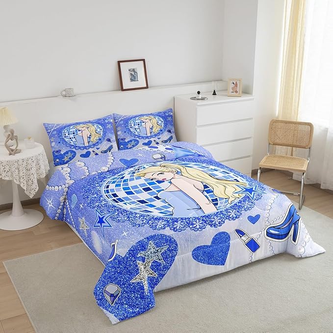 Princess Girly Kids Comforter Set King Size,Bowknot High-heeled Shoes Lip Dreamy Bedding Set,Girls Women Room Decor,Glitter Sequin Star Diamond Down Comforter,Blue Noble Duvet Insert,2 Pillowcases