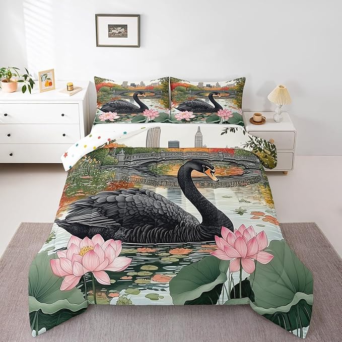 Black Swan Kids Queen Comforter Sets,Wild Birds Pond Reversible Bedding Set for KidsChildren,Watercolor Lotus Flowers Leaves 3 Pieces Quilt Sets,Modern City Landscape Duvet Insert,2 Pillow Cases