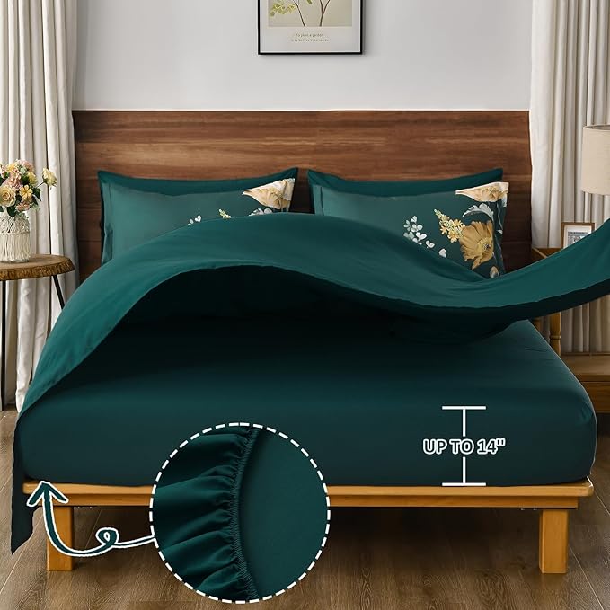 DJY Floral Comforter Set King Size 7 Pieces Teal Green Floral Bed in a Bag with Flower Leaves Pattern, Soft Microfiber Botanical Comforter and Sheet Set All Season Bedding Set(104''x90'')