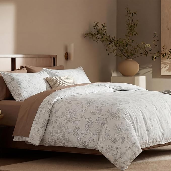 Floral Comforter Set King Size 100% Cotton Comforter Sets, Reversible Grey Floral Comforters Lightweight All Season Farmhouse Bedding with Matching Pillowcases