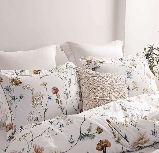 SLEEPBELLA Comforter Queen Size, 600 Thread Count Cotton White Printed with Blue & Blush Flowers Cotton Comforter Set,Down Alternative Bedding Set 3Pcs(Queen, White Floral)