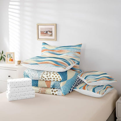 Erosebridal Geometric Wave Bedding Twin Size 7-Piece Blue Beige Orange Comforter Set, Black Polka Dots Bedding Comforter Sets Modern Abstract Art Bed in a Bag, Vintage Minimalist Bedding Accessories