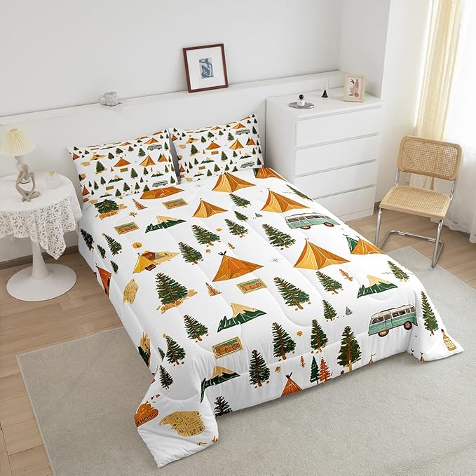 Feelyou Camping Comforter Set King Size Vintage Comforter Camper Accessories for Travel Trailers Bedding Set Camper Duvet Set Room Decor Ivory Quilt Set