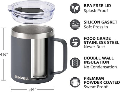 SUNWILL Travel Coffee Mug with Lid, Insulated Tumbler with Handle, 14 oz Stainless Steel Cup for Home, Office, Camping, Powder Coated Charcoal