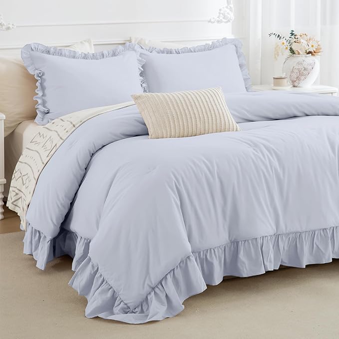 CozyTide Cotton King Comforter Set,Farmhouse Cornflower Blue Shabby Ruffle Bedding Comforter Lightweight Ultra Soft Vintage Ruffled Rustic Bedding for All Season