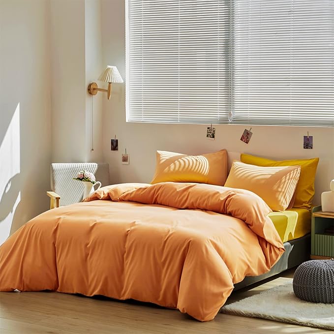Cottonight Peach Comforter Set - Full Light Orange Bedding, Cotton Coral Pink Quilt, Soft Simple Breathable Modern Solid for Women Men