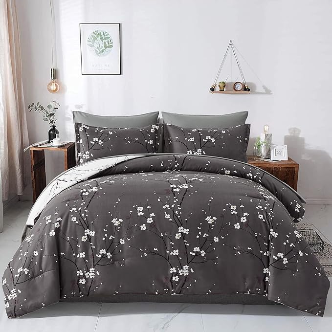 WONGS BEDDING 7 Pieces Comforter Set Full, Floral Bed in a Bag Comforter Reversible Flower Plum Bedding Set Full Size（1 Comforter,2 Pillowcase,2 Pillow Shames,1 Flat Sheet,1 Fitted Sheet）