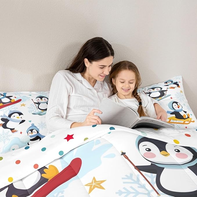 Merry Christmas Theme 3 Pcs King Size Comforter Set,Winter Snowflake New Year Down Alternative Adults Bedroom Decor,Cute Cartoon Skiing Penguin Ultra Soft Microfiber Inner Fill 3 Pcs Bedding