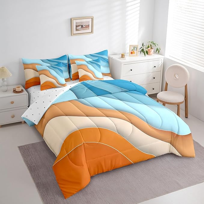 Erosebridal Blue Orange Ombre Queen Comforter Set 7 Pieces Kids Teens Adults Geometric Stripe Bedding Comforter Sets, Aesthetic Wave Bed in a Bag Modern Abstract Bedding Set, Gradient Bed Sheets Set