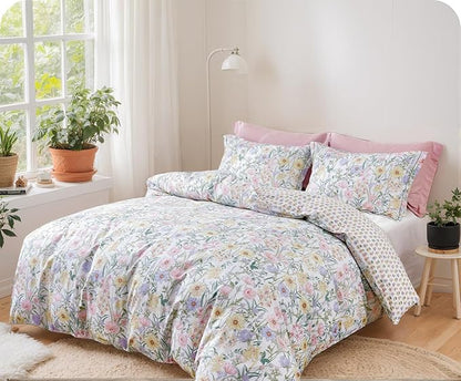 SLEEPBELLA Queen Size Comforter Set Yellow & Pink & Blue Flowers Botanical Pattern Printed on White 100% Cotton Fabric, Ultra Soft Microfiber Inner Fill 3Pcs Bedding Set