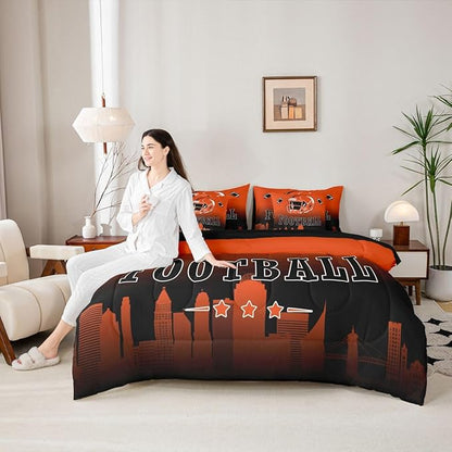 Erosebridal Football Comforter Set with Sheets King American Rugby 7 Piece Bedding Set for Boys Girls,Football City Bed in A Bag Orange Black Ombre Bed Set for Kids Teen Adults