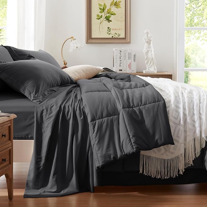 Anluoer Queen Size Bed in a Bag 7 Pieces, Dark Grey Bed Comforter Set with Sheets, All Season Bedding Sets with 1 Comforter,2 Pillow Shams,2 Pillowcases, 1 Flat Sheet,1 Fitted Sheet