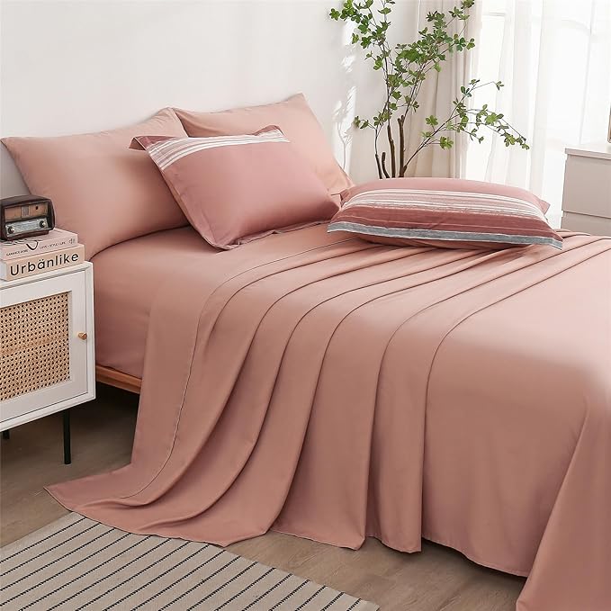 KAKIJUMN 7 Piece Bed in a Bag Stripe Comforter Set Full Size, White Grey Blush Pink Patchwork Striped Comforter and Sheet Set, All Season Soft Microfiber Complete Bedding Sets(Pink,Full)