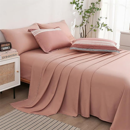 KAKIJUMN 7 Piece Bed in a Bag Stripe Comforter Set King Size, White Grey Blush Pink Patchwork Striped Comforter and Sheet Set, All Season Soft Microfiber Complete Bedding Sets(Pink,King)