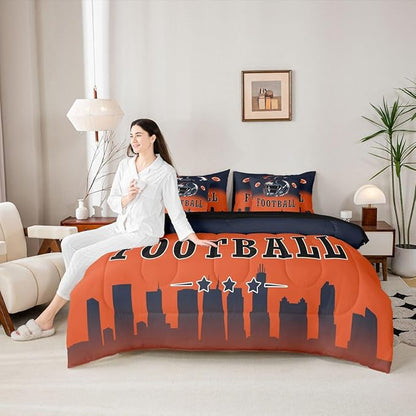 Erosebridal Football Boys Full 7 Piece Bedding Set American Soccer Sports Comforter Set with Sheets Sports Rugby Orange Blue Bed in A Bag for Kids Teen Adults,Ball Games Bed Set