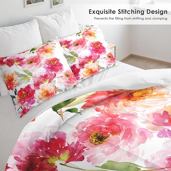 Comforter Set Full Size, Summer Flower Peony 3 Pcs Soft Bedding Set for Kids and Adults, Floral Rose Pink Comforter Set with 2 Pillowcases, for Bedroom Bed Decor