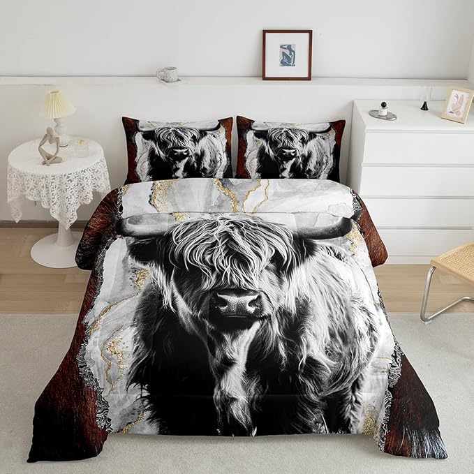 Erosebridal Highland Cow Comforter Set King,Bull Cattle Bedding Set,Gold Grey Marble Duvet Insert for Kids Boys Men,Wildlife Farmhouse Cow Fur Down Comforter with 2 Pillowcases Home Room Decor