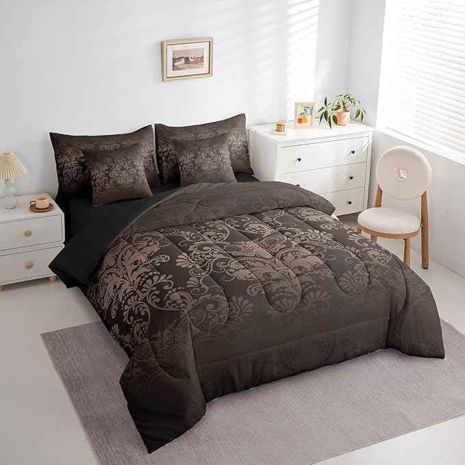 Erosebridal Gothic Damask Comforter Set 7 Piece Bed in a Bag Twin,Exotic Moth Bedding Sets Black Brown Victorian Floral Goth Sheet Set with Comforter