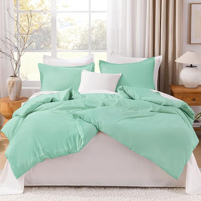 Litanika Comforters Mint Green Full Size, 3 Pieces Lightweight Solid Bedding Set & Collections, All Season Fluffy Bed Set (79x90In Comforter & 2 Pillowcases)